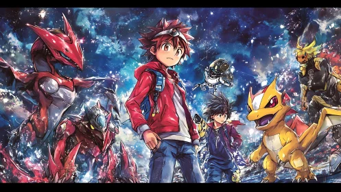 Anime boys with dragon partners in cosmic battle scene.