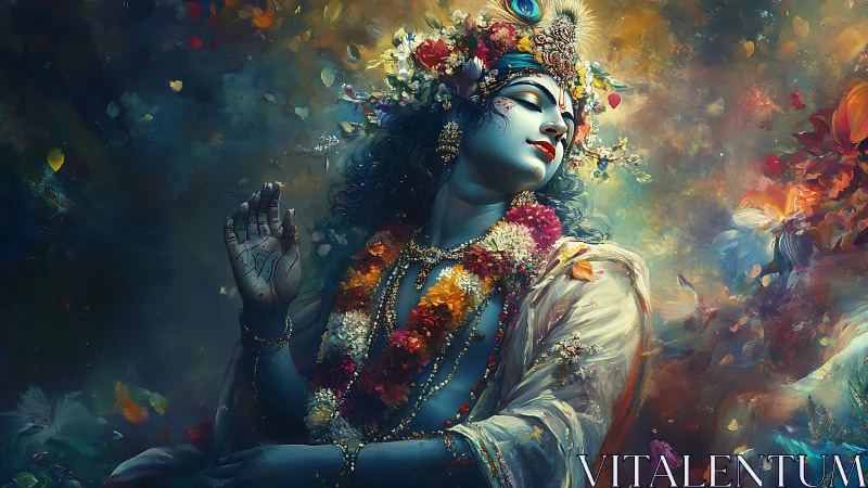 Floral blue deity drifting through swirling cosmic blossoms.