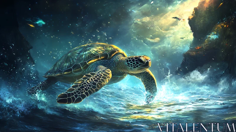Majestic sea turtle surges through glowing ocean waves