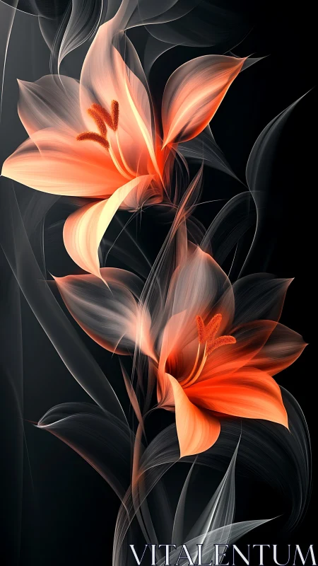 Abstract translucent lilies rendered in luminous digital gradients