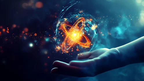 Glowing atomic energy sphere hovering above open human hand.
