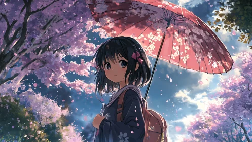 Girl with red umbrella under cherry blossoms outdoors.