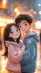 Stylized couple in soft-lit snowfall with warm bokeh background