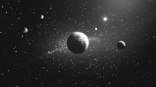 Monochrome planetary bodies are positioned in a star field