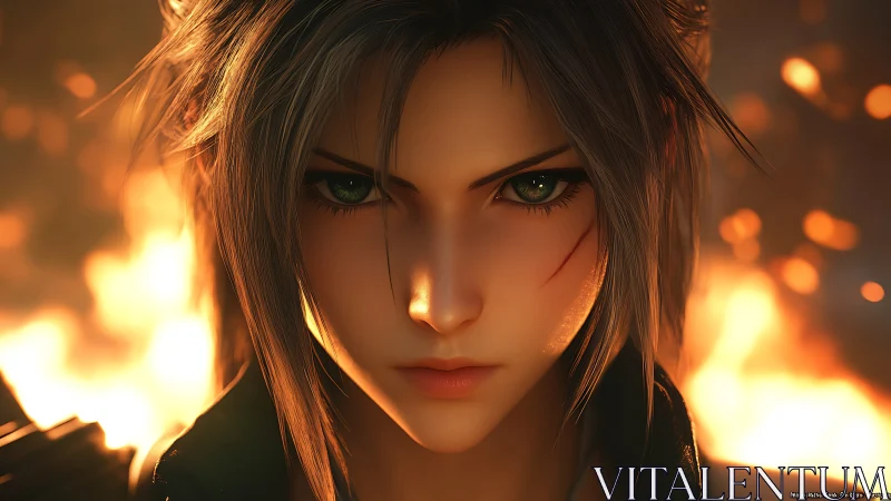 Fierce green-eyed hero framed by glowing embers and fire.