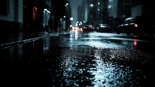 Rain-soaked city street glows under distant neon car lights