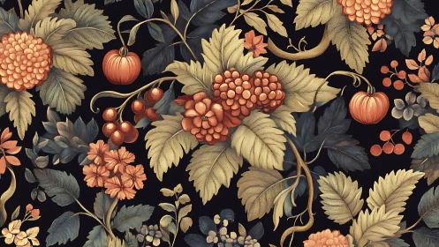 Ornate botanical pattern shows autumn fruits and leaves