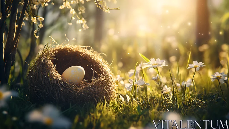 Easter egg resting in a straw nest among spring flowers.