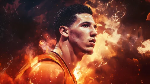 Basketball player portrait in intense fiery atmosphere.