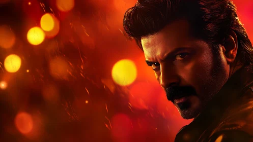 Cinematic close-up portrait in fiery bokeh lighting design.