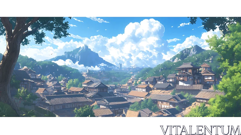 Digital painting of sunlit mountain village with layered rooftops.