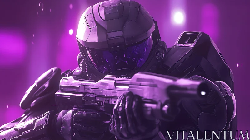 Armored sci-fi soldier aims modular rifle under magenta bokeh lighting