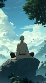 Solitary monk meditating on cliff amid layered atmospheric mountains