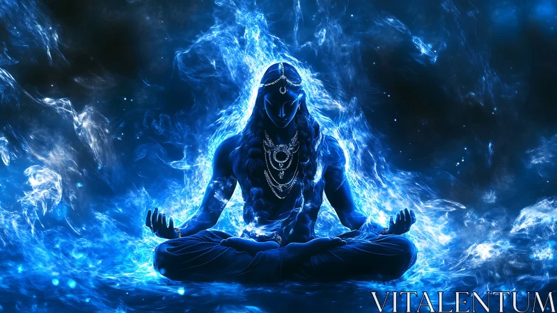 Blue ethereal deity in lotus pose within swirling energy.