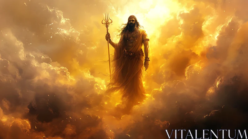 Mythic robed figure with trident amid dense golden clouds.