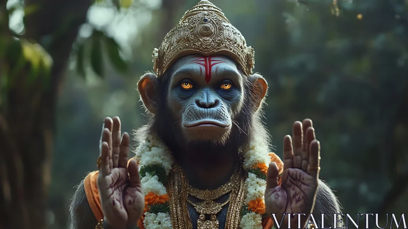 Divine simian deity portrait in ornate forest ritual regalia.