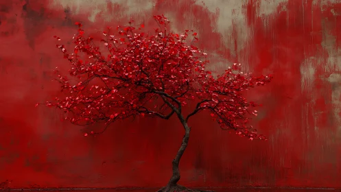 Crimson bonsai leaning gently against a painted red wall.