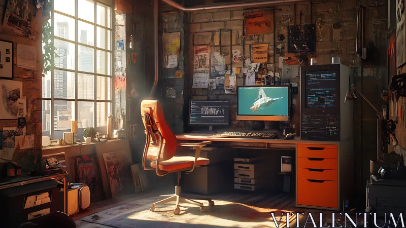 Industrial loft workspace with dual monitors and server unit.