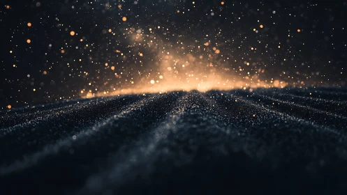 Starlit dust dunes rise toward a molten midnight horizon