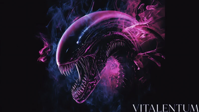 Cyberpunk xenomorph profile with neon vapor shroud rendering.