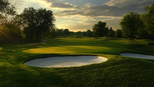 Golf course green with bunkers under low evening sunlight