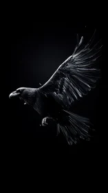 Soaring black raven cuts through darkness with stark precision