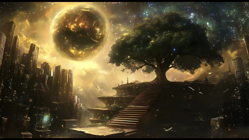 Cosmic world tree above tiered altar in golden cityscape.