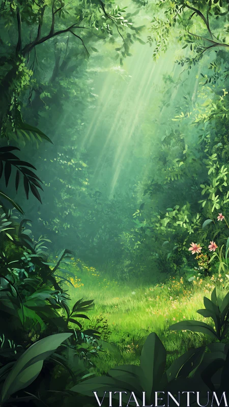 Luminous Forest Sanctuary: Digital Landscape with Volumetric Light.