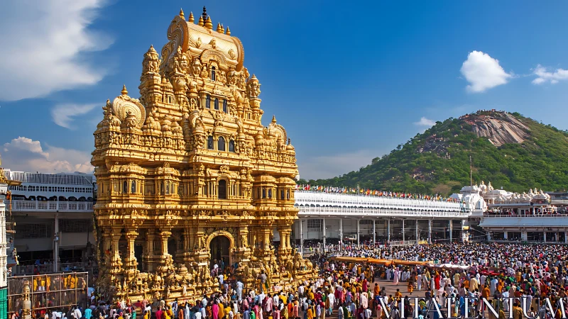 Golden temple tower rising above a festival sea of devotion.