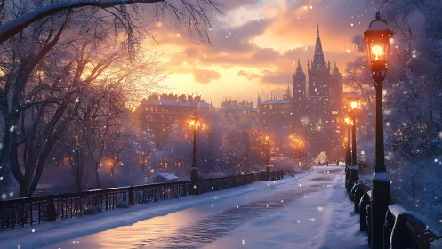 Snowy city bridge glows beneath a warm winter sunset sky