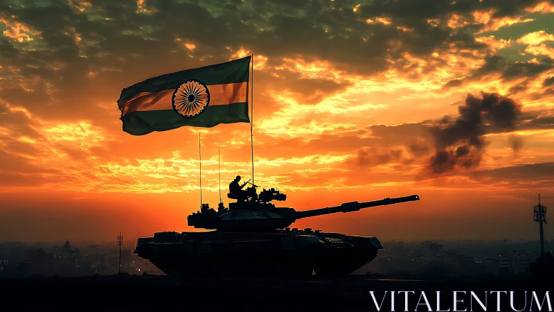 Indian battle tank silhouette under blazing sunset sky.