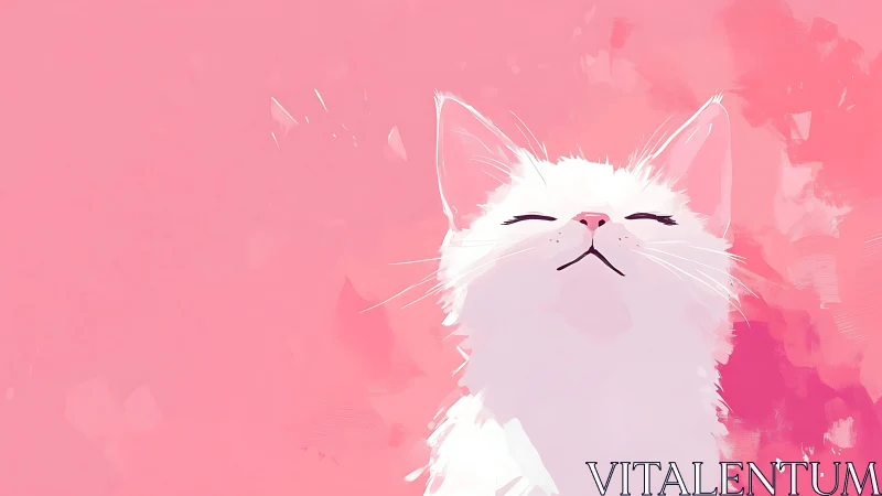 Serene White Cat with Closed Eyes Against Pink Background.
