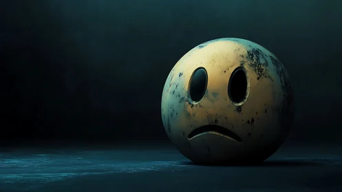 Aged sad-face sphere on dark textured surface.