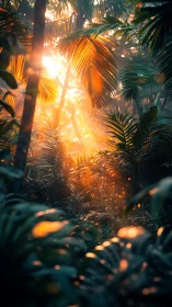 Sunlit jungle canopy with glowing tropical palm leaves.