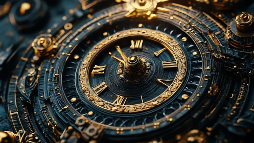 Intricate circular clockwork dial with golden Roman numerals.