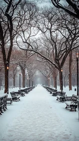 Winter park promenade with snow laden trees and benches.