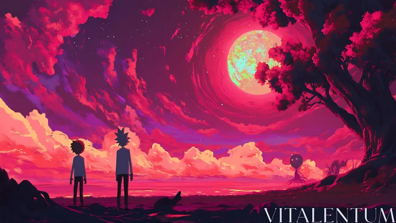 Crimson skywalk under a moonlit cosmic shoreline.