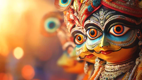 Vibrant Jagannath festival masks glow against defocused bokeh