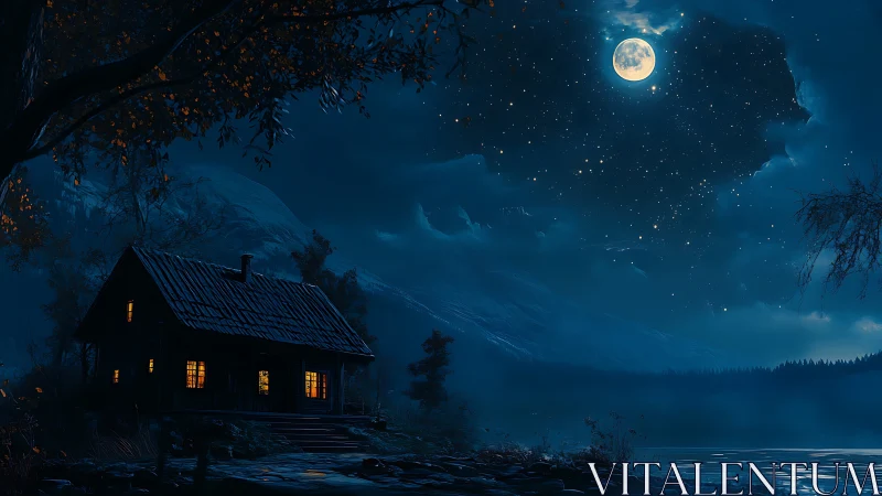 Moonlit cabin hush under star-scattered mountain veil.