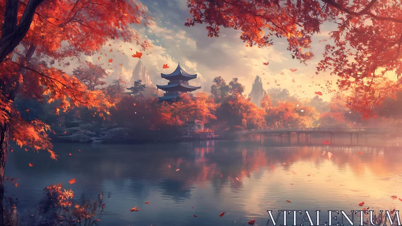 Autumn pagoda beside misty lake under glowing sunrise.