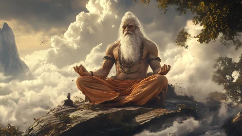 Mountain sage rests in peaceful meditation above soft clouds