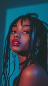 Portrait of woman in blue and red studio lighting setup.