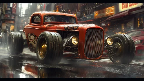 Digital painting of retro hot rod in cinematic night streetscape.