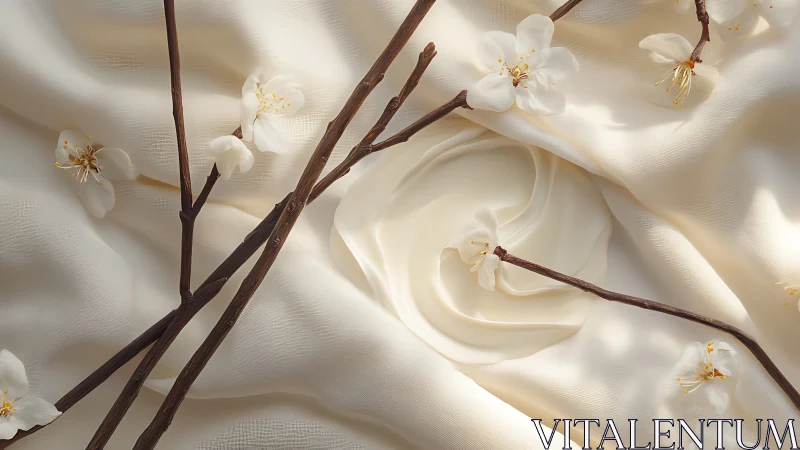 Cream Silk Textile With White Blossom Branches and Burgundy Stems