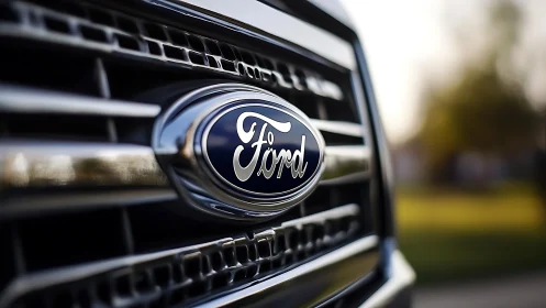 Ford vehicle grille closeup shows chrome badge in sunlight