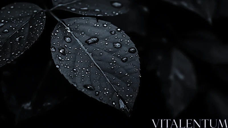 Moody macro study of rain droplets on dark foliage.