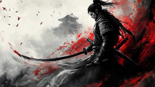 Ronin warrior stands amid crimson storm of memory and steel.