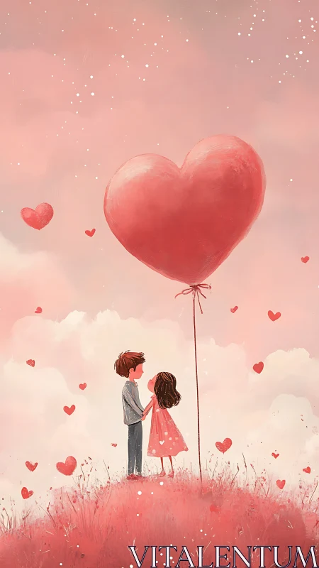 Illustration depicting two figures with heart-shaped balloon.