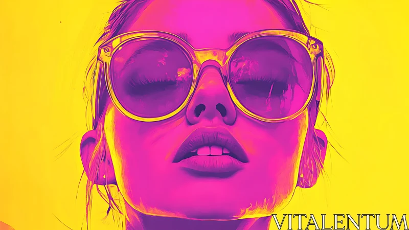 Neon portrait amplifies bold sunglasses and dreamy calm.