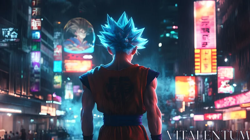 Blue-haired figure stands in rainy neon-lit urban street